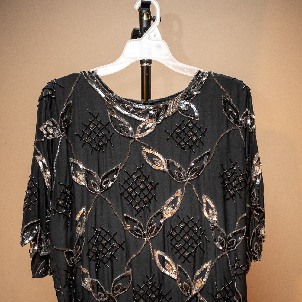 Argenti Black Floral Beaded Sequin Silk Blouse M